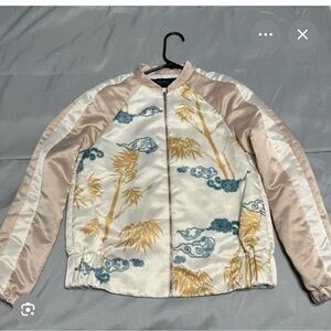 Zara Cream Bomber Jacket with Gold Bamboo & Blue Cloud Print